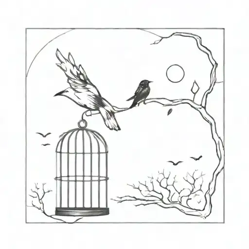 Bird Flying In The Middle Of The Night And A Moon And A Cage Hanging From A Tree