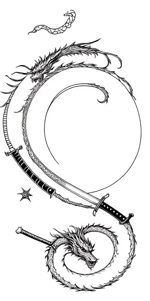 Samurai Dragon With Katana Against The Background Of The Moon