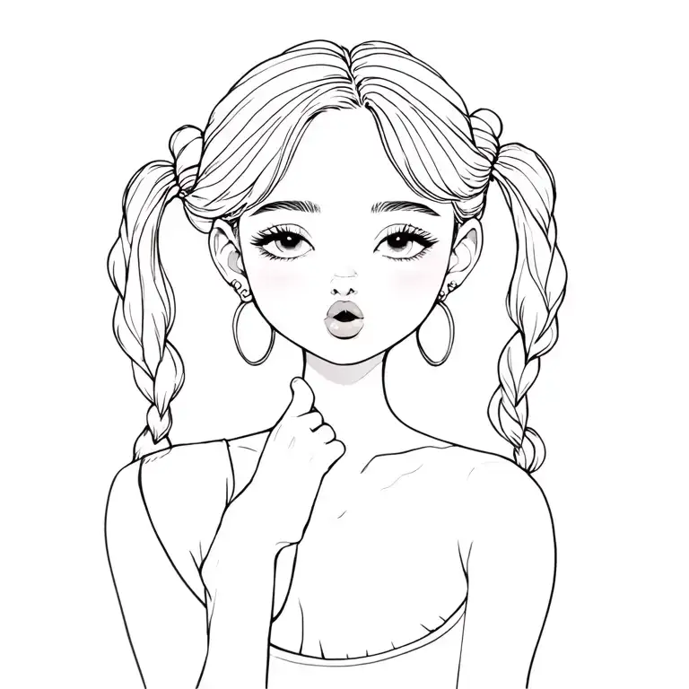 Girl With Pigtails Blowing A Kiss Line Art