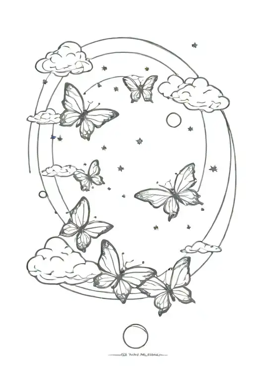 Butterflies And Starts Moon And Clouds