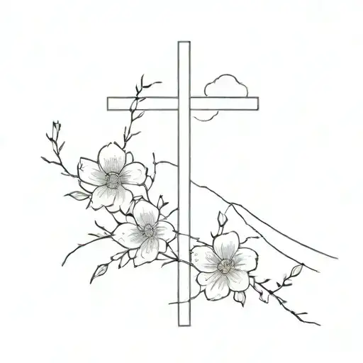 Dainty Cross With Power Lines Connecting On Top Of Cross With Flowers Growing Up The Cross