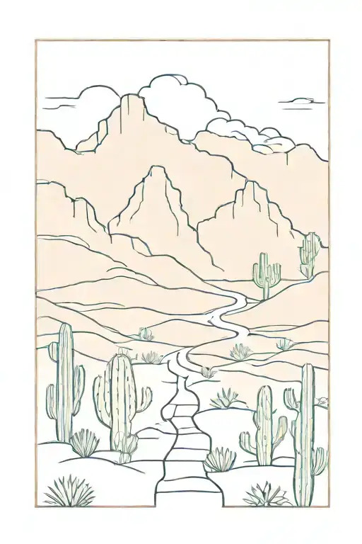 Simple Line Drawing Desert Path Leading To Mountain Lined With Cactus