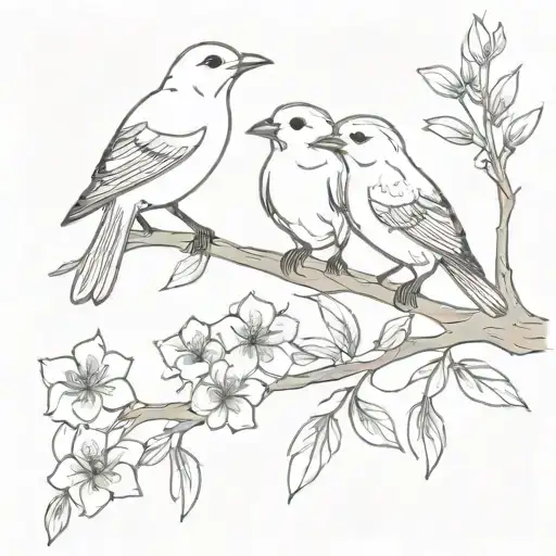 Three Birds On A Tree Branch With Flowers