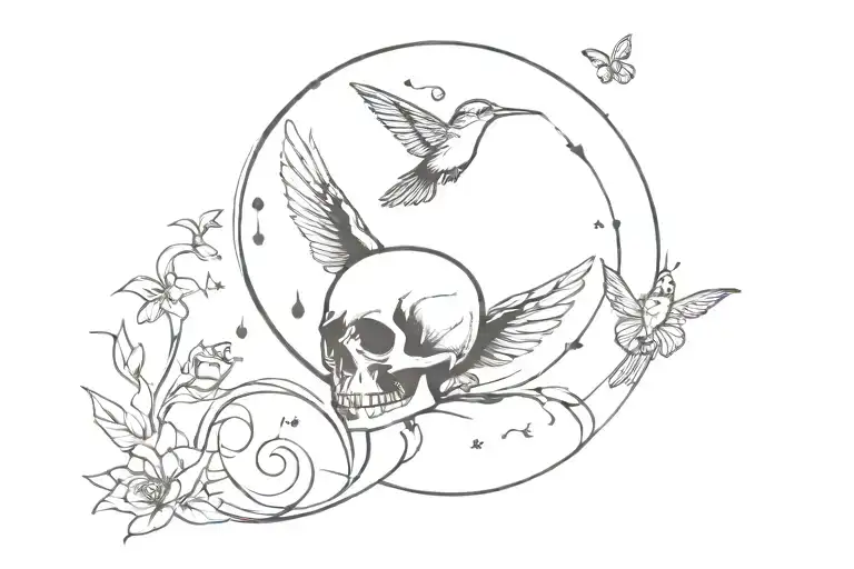Skull Humming Bird Music Note W Butterfly Moon Surrounded