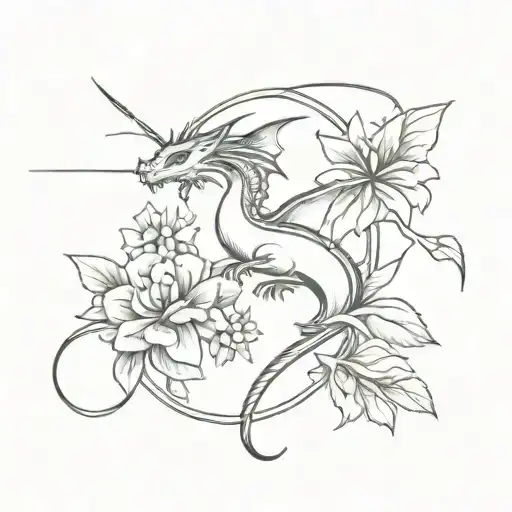 Dainty Dragon Flying Around Sword And Flowers