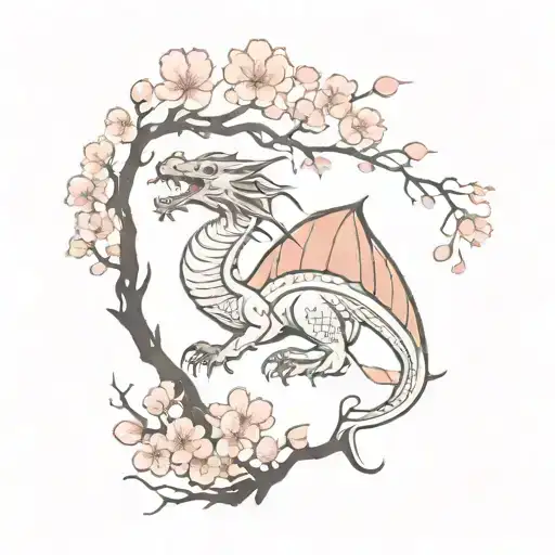 A Minimalist Tattoo Of A Dragon Breathing Fire Onto A Cherry Blossom Tree