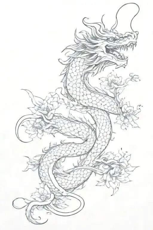 Neat Chinese Dragon With Petals Falling