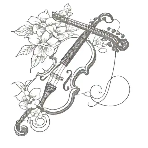 Half Violin One Line And Flowers