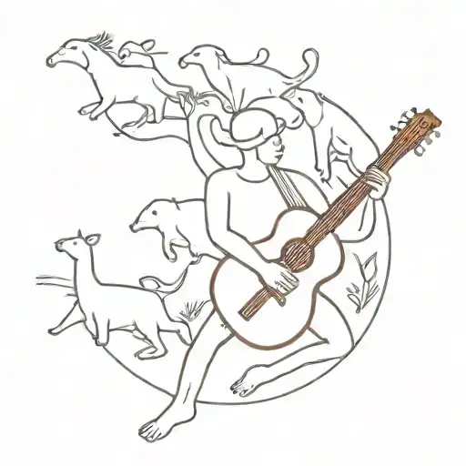A Tattoo Design Featuring A Musician Playing A Guitar Surrounded By Dancing Animals