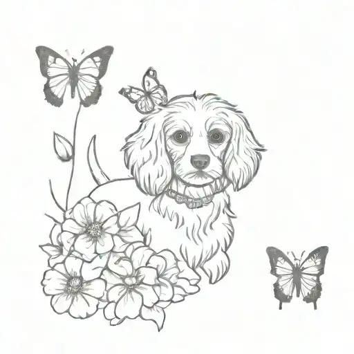 A Dotwork Design Of A Cavachon Dog Surrounded By Flowers And Butterflies