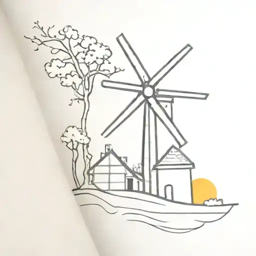 Windmill And Trees Colors Sunset