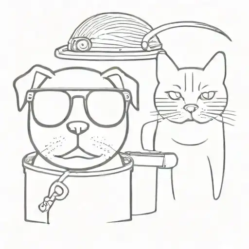 Cat And Dog With Sunglasses And Bucket Line Work