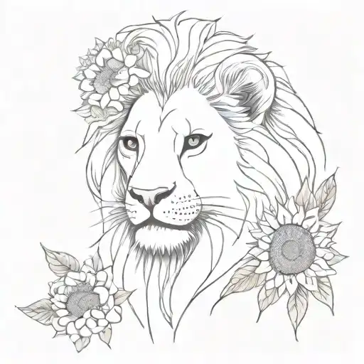 Feminine Lion With Carnations Sunflowers And Daisies