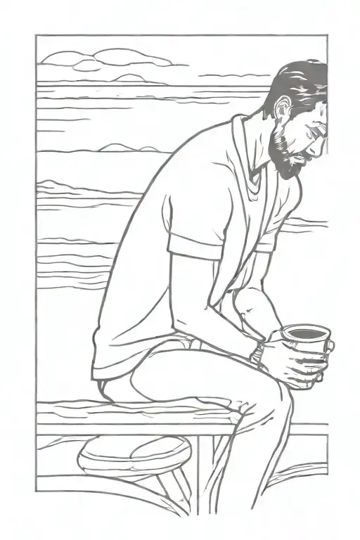 Man Reading Book With Coffee Mug Near Sea Side View