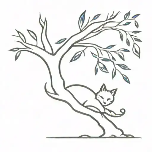A Minimalist Tattoo Of A Cat Lounging Under A Tree