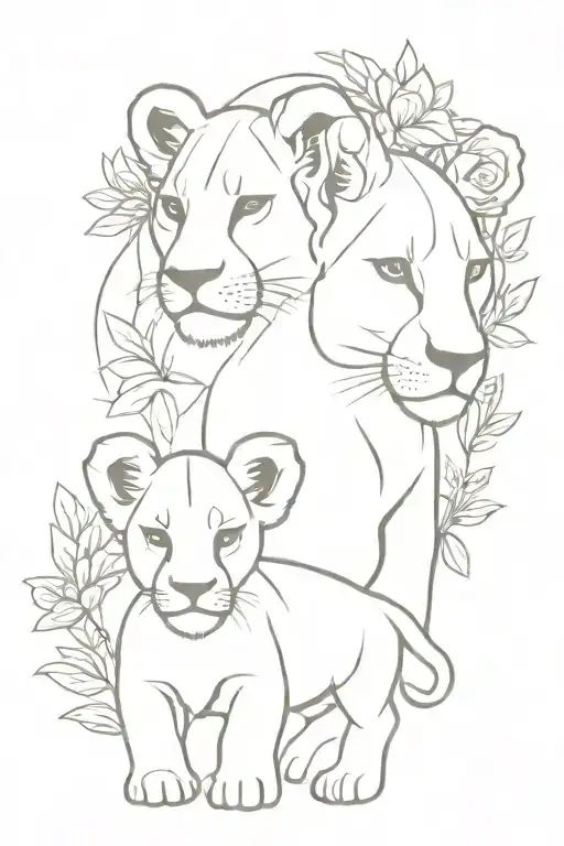 Lioness 2 Lion Cubs Flower