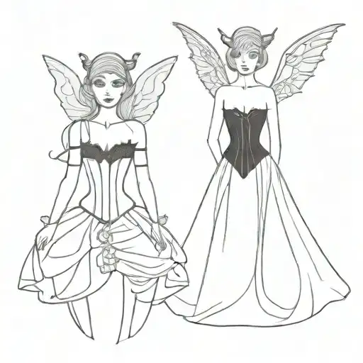 Elf In White Wedding Dress With A Corset With A Dark Evil Fairy In Short Black Dress