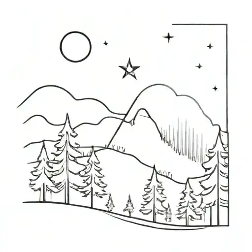 A Minimalist Tattoo Design Of A Mystical Moonlit Forest With A Hidden Spaceship Among The Trees