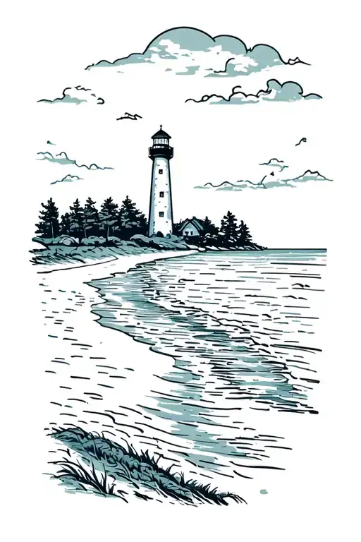 Beach Shoreline Panorama With Lighthouse