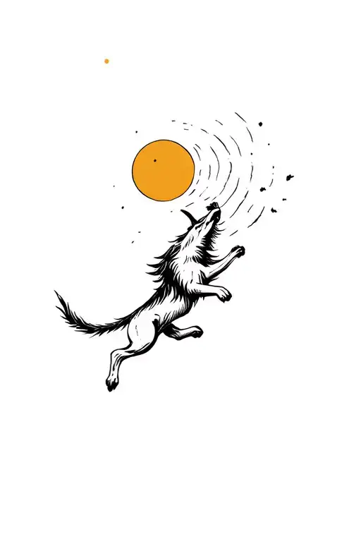 Fenrir Jumping Into The Air Eating The Sun And Moon In Woodcut Style Black And Grey Simple Outline