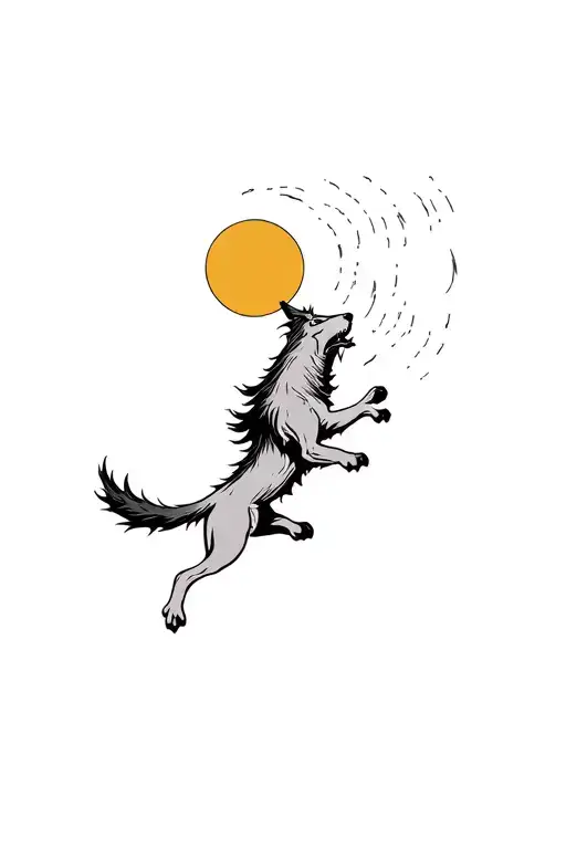 Fenrir Jumping Into The Air Eating The Sun And Moon In Woodcut Style Black And Grey Simple Outline