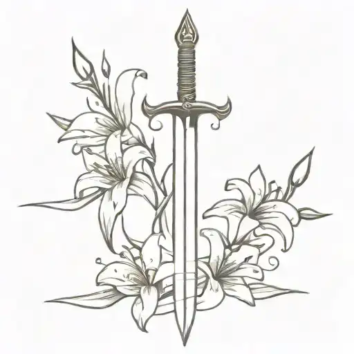 A Minimalist Design Of A Gothic Sword With Lily Flowers Intertwined Around It