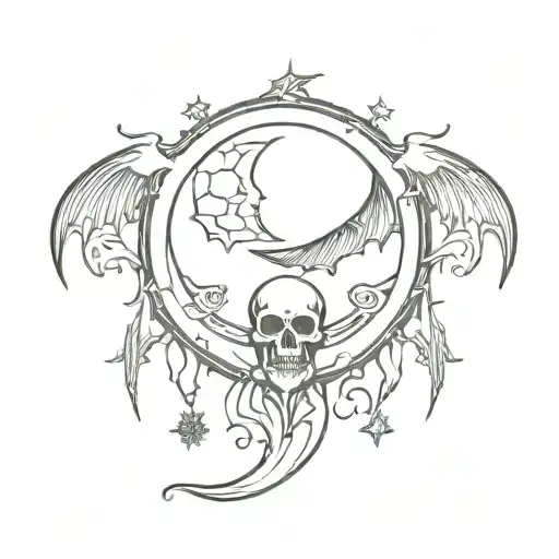 A Crescent Moon And Sun Design With Gothic Elements Like Bats And Skulls