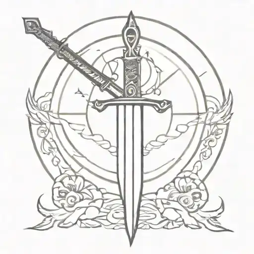 A Gothic Style Tattoo Of A Sword With Intricate Moon And Sun Motifs