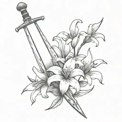 A Gothic Inspired Tattoo Of A Sword With Lily Flowers Blooming Around It In A Minimalist Style