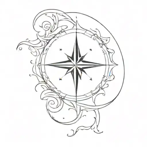 A Compass Rose With A Crescent Moon And Waves