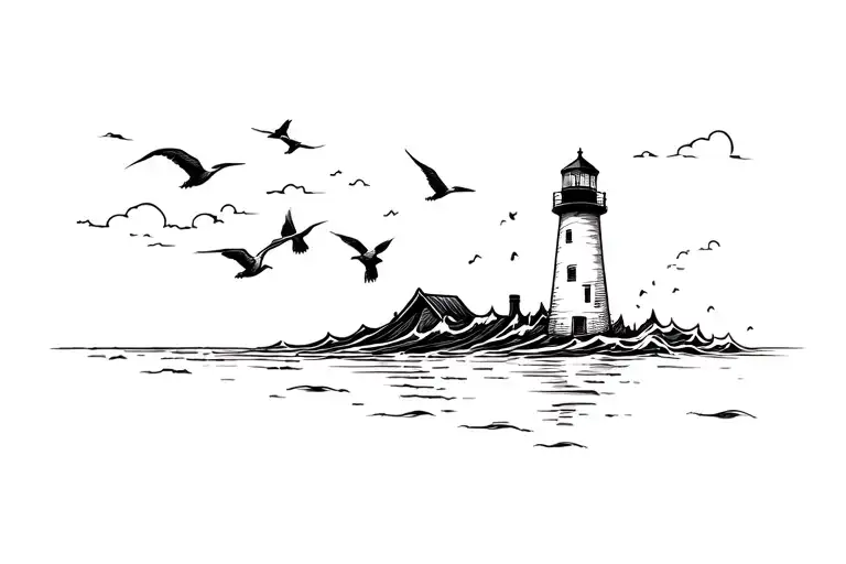 Lighthouse On The Beach With Birds In The Air And Crashing Waves