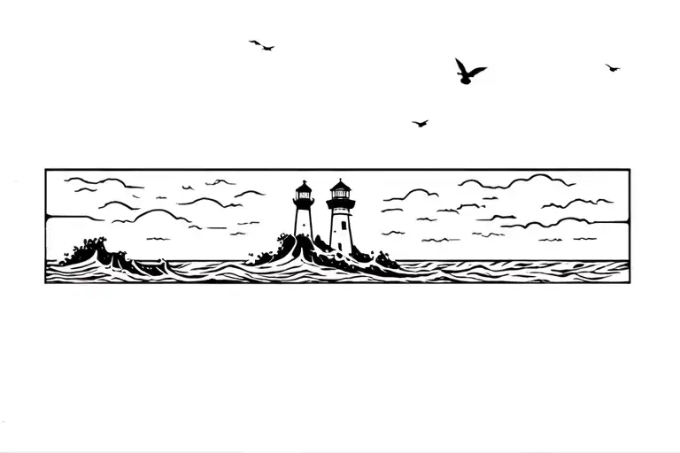 Lighthouse On The Beach With Birds In The Air And Crashing Waves