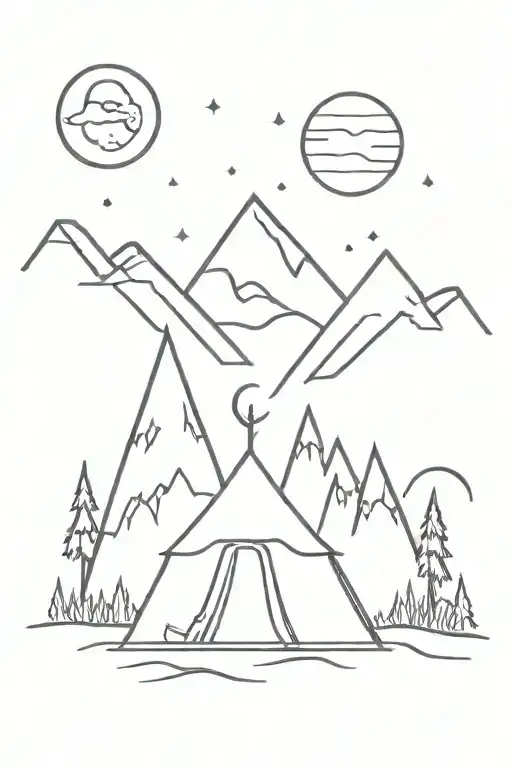 Mountains Trees Tent Moon Starts Planets