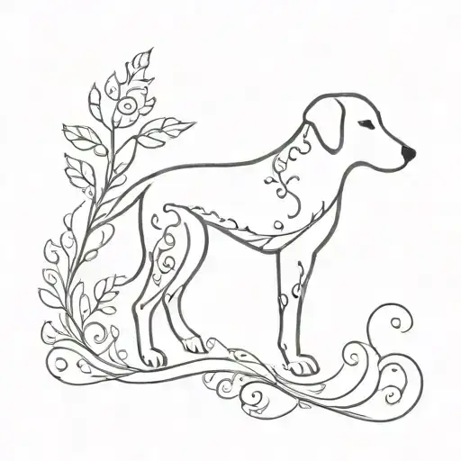A Minimalist Tattoo Design Of A Dog Made Out Of Intricate Floral Patterns And Vines
