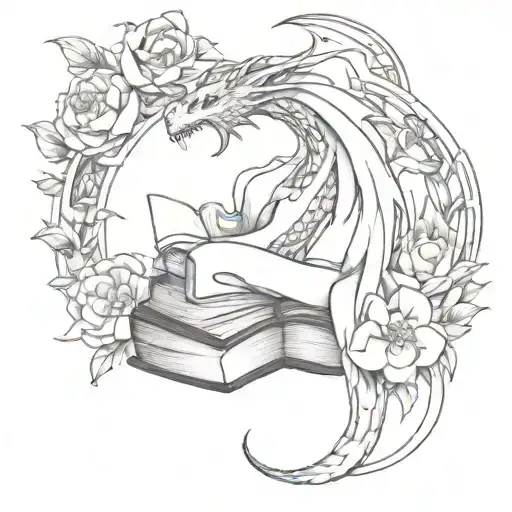 Dragon Wrapped Around Books With Flowers In The Background