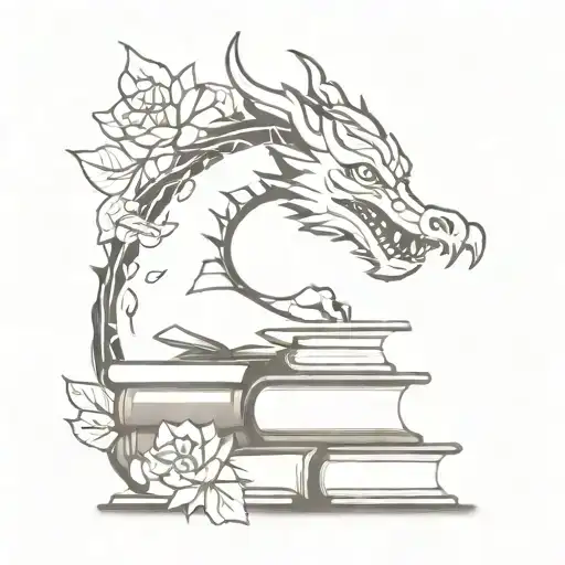 Dragon Wrapped Around Books With Flowers In The Background Withut Head Deformations