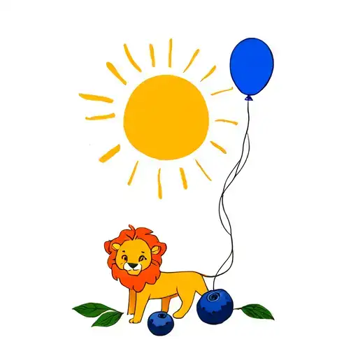 Little Lion Holding A Blue Balloon Next To A Blueberry With A Sun On The Background