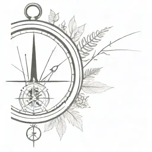 A Gear-shaped Compass Pointing Towards A Timepiece Surrounded By Nature Elements