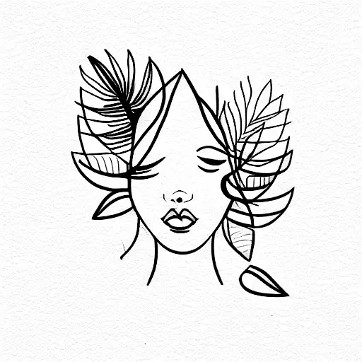 Feminine Figure Tropical Foliage Line Art