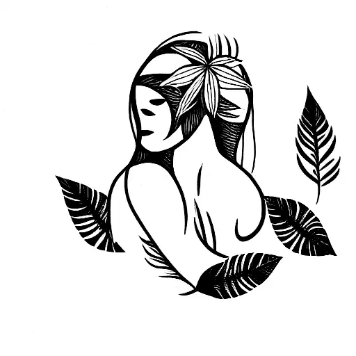 Feminine Figure Tropical Foliage Line Art Mother Nature Body Outline