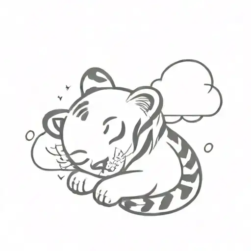 A Cute Little Tiger And A Cloud Hug Each Other And Fall Asleep