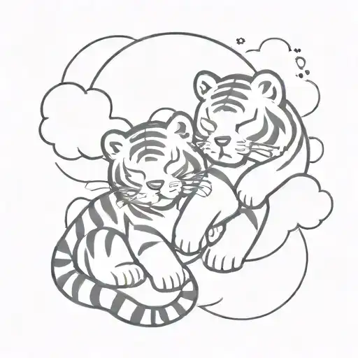 A Cute Little Tiger And A Big Cloud Hug Each Other And Fall Asleep