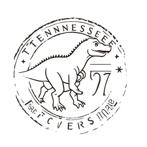 Stamp Tattoo Consisting Of A Dinosaur With The Cent Symbol Of 07 And The Abbreviation For Tennessee