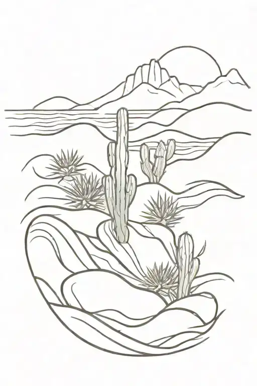 A Realistic Depiction Of A Cactus Garden With Ocean Waves Crashing In The Background
