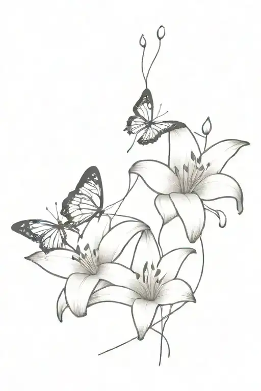 Lily Flowers Intertwined With Butterflies