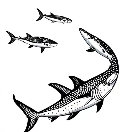 Fine Line Of 3 Sharks Swimming And One Being A Whale Shark With Dots And One Semi Colon