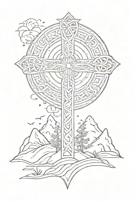 Celtic Cross Tatto Mountain Scence
