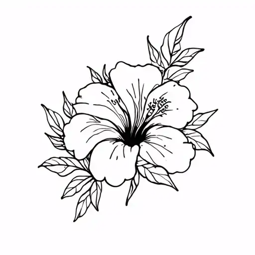 A Black Line Thigh Tattoo Made Up Of Hibiscus Flowers And Leaves
