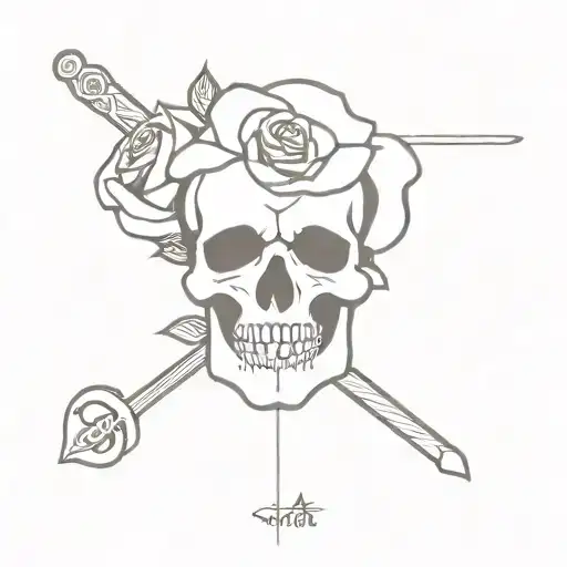 Roses And Minimalistic Sword Piercing A Frontal And Vertical Skull