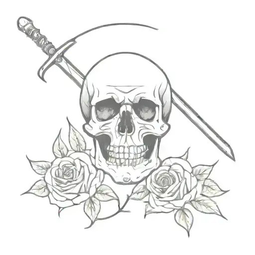 Roses And Minimalistic Sword Piercing A Frontal And Vertical Skull